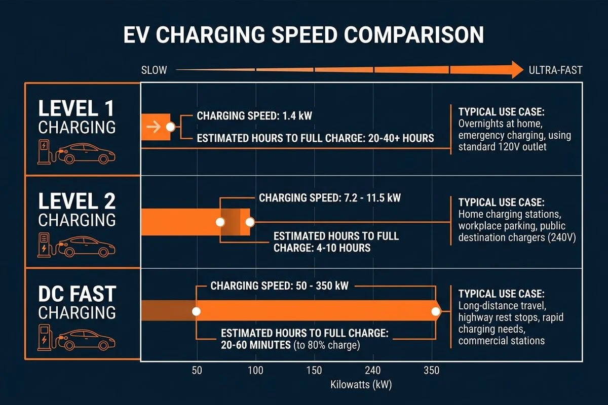 Comparison chart: Level 1 / Level 2 / DC Fast. KW, hours-to-full, typical use case