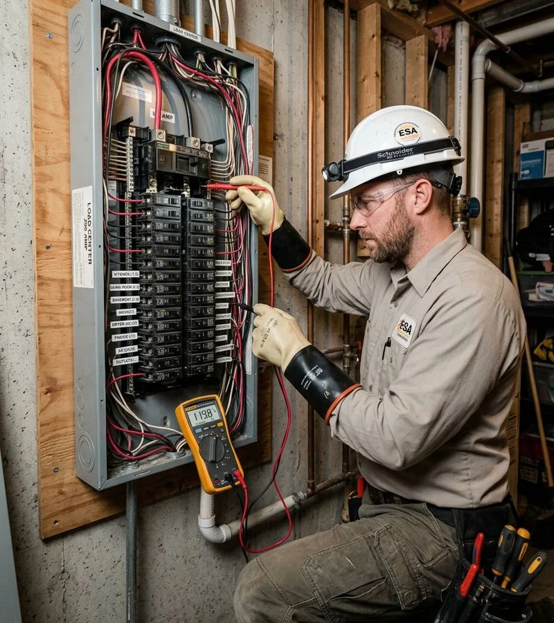 ESA-licensed master electrician inspecting a 200-amp breaker panel
