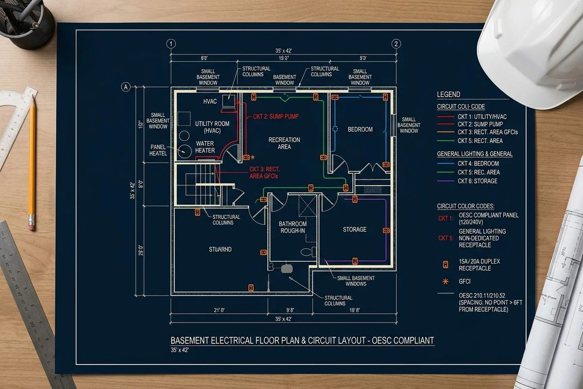 Floor plan with outlet locations, circuits colour-coded, code-compliant spacing