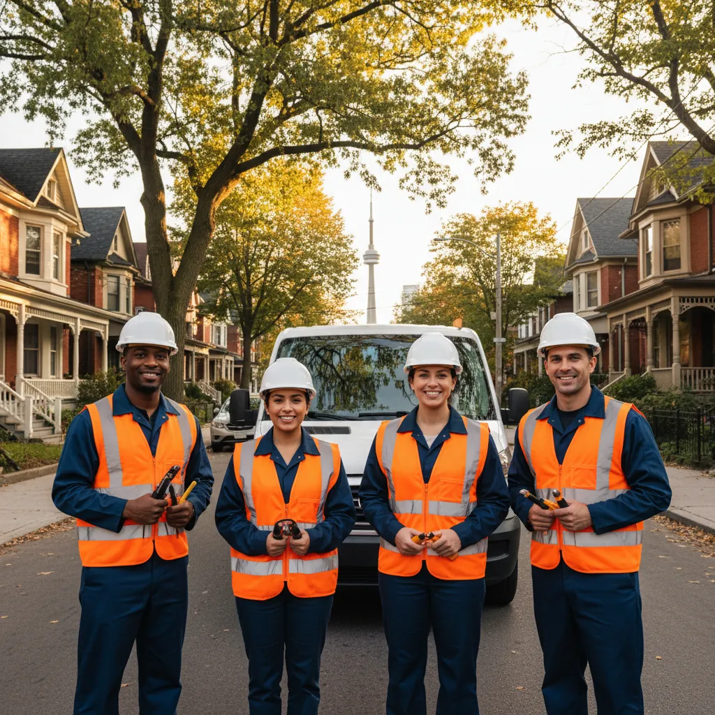 Toronto Electrical Contractor team standing in front of branded service truck in downtown Toronto